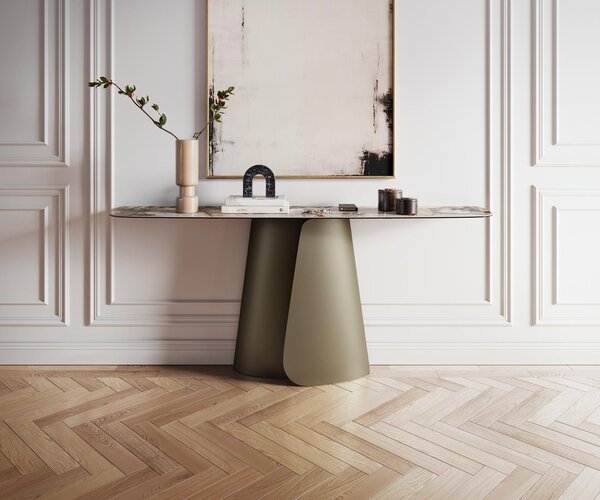 DELIFE Konzolasztal Edge hajóformájú 180x40 cm kerámia patagónia polírozott Livos fém titán színű effekt finish