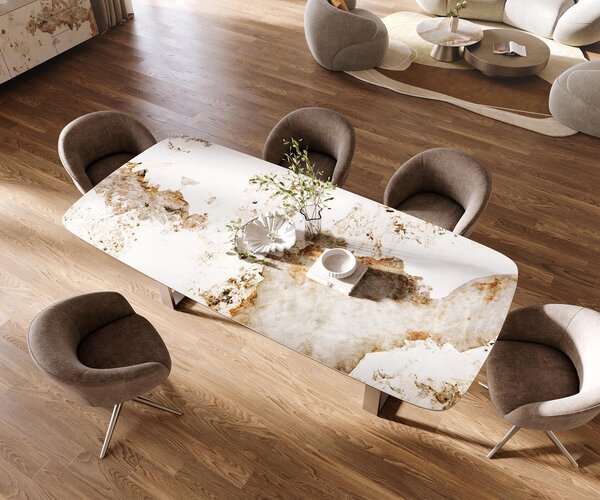 DELIFE Étkezőasztal Edge hajóformájú 260x120 cm kerámia Minas Melange fehér-bézs rozsdamentes acél keskeny