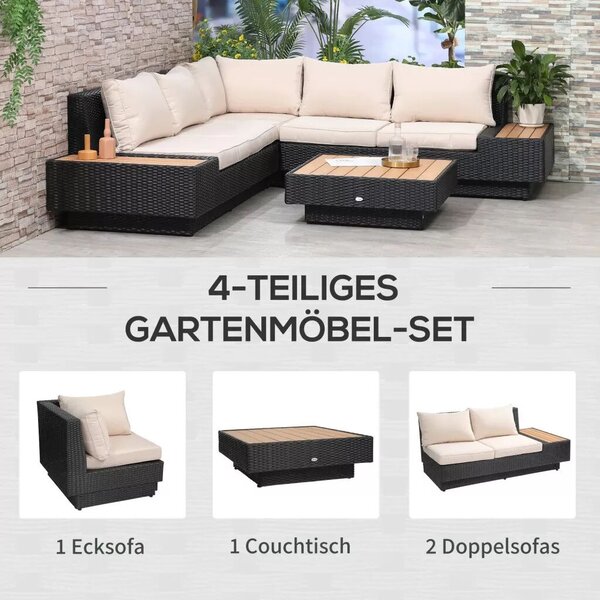 Outsunny Kerti bútor szett, 4 darabos luxus polyrattan, polcokkal, lerakóasztallal és ülőpárnákkal, fekete