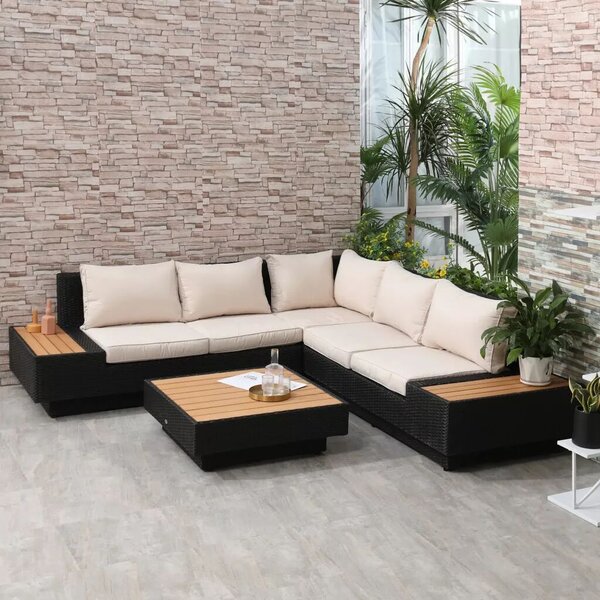 Outsunny Kerti bútor szett, 4 darabos luxus polyrattan, polcokkal, lerakóasztallal és ülőpárnákkal, fekete