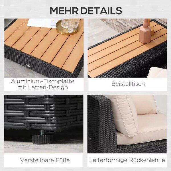 Outsunny Kerti bútor szett, 4 darabos luxus polyrattan, polcokkal, lerakóasztallal és ülőpárnákkal, fekete