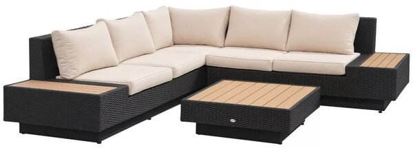 Outsunny Kerti bútor szett, 4 darabos luxus polyrattan, polcokkal, lerakóasztallal és ülőpárnákkal, fekete