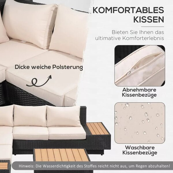 Outsunny Kerti bútor szett, 4 darabos luxus polyrattan, polcokkal, lerakóasztallal és ülőpárnákkal, fekete