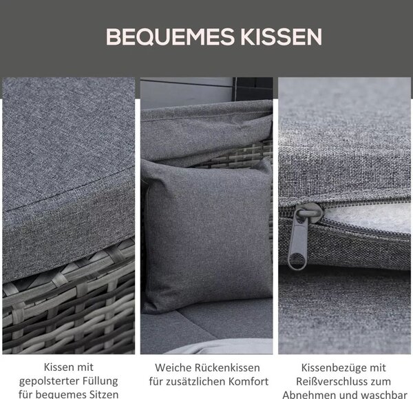Outsunny Rattan napsziget, 4 részes nyugágy napellenzővel, ülőgarnitúra, 4 párna, fém, szürke