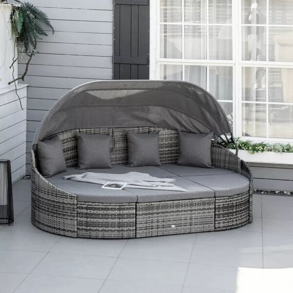 Outsunny Rattan napsziget, 4 részes nyugágy napellenzővel, ülőgarnitúra, 4 párna, fém, szürke