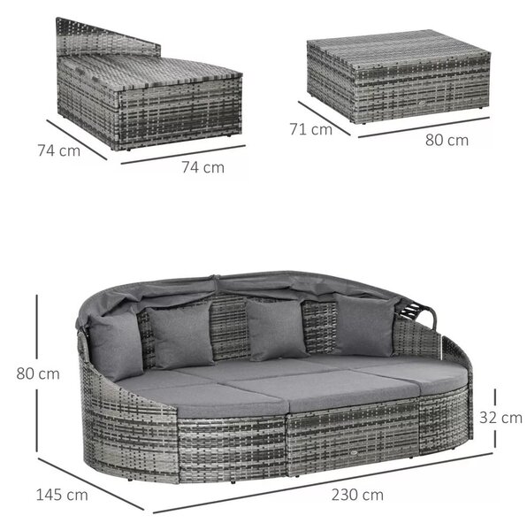Outsunny Rattan napsziget, 4 részes nyugágy napellenzővel, ülőgarnitúra, 4 párna, fém, szürke