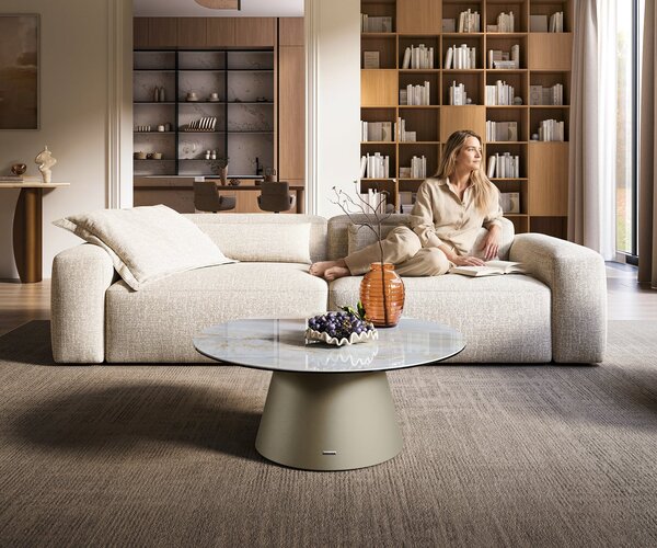DELIFE Dohányzóasztal Edge kerek 90x90 cm kerámia onyx pearl Borna titán effektfinish