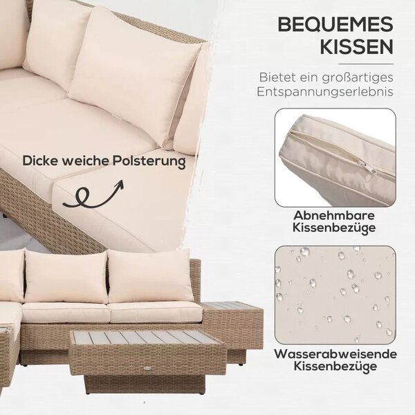 Outsunny kültéri bútor szett 4 darabos luxus polyrattan, polcokkal, lerakóasztallal és ülőpárnákkal, barna