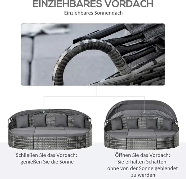 Outsunny Rattan napsziget, 4 részes nyugágy napellenzővel, ülőgarnitúra, 4 párna, fém, szürke