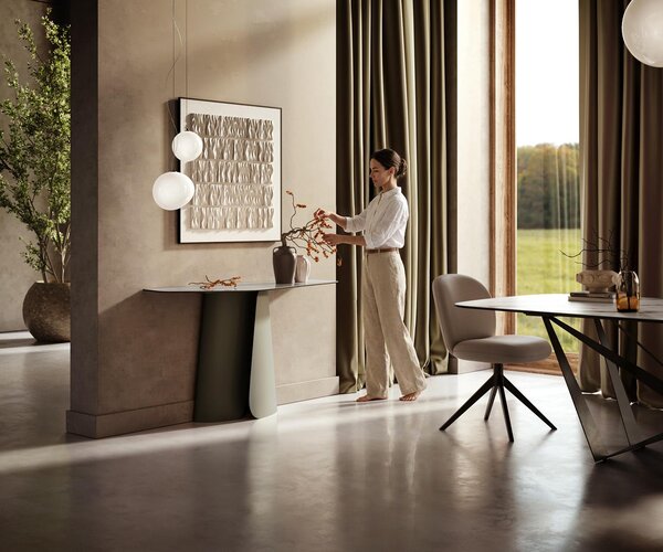 DELIFE Konzolasztal Edge poligonális 140x50 cm kerámia onyx gyöngyház lakk fém titán színű hatás
