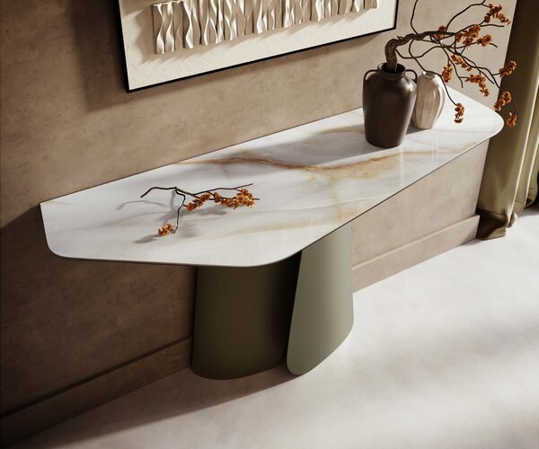 DELIFE Konzolasztal Edge poligonális 140x50 cm kerámia onyx gyöngyház lakk fém titán színű hatás