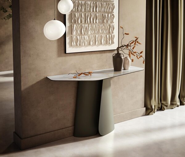 DELIFE Konzolasztal Edge poligonális 140x50 cm kerámia onyx gyöngyház lakk fém titán színű hatás