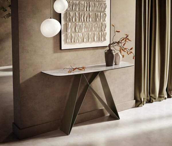 DELIFE Konzolasztal Edge hajóformájú 140x40 cm kerámia onyx pearl Velio fém titán színű effekt finish