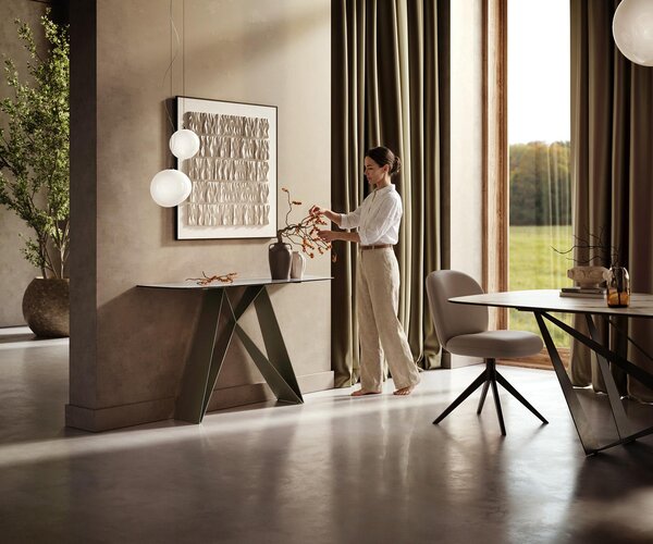DELIFE Konzolasztal Edge hajóformájú 140x40 cm kerámia onyx pearl Velio fém titán színű effekt finish