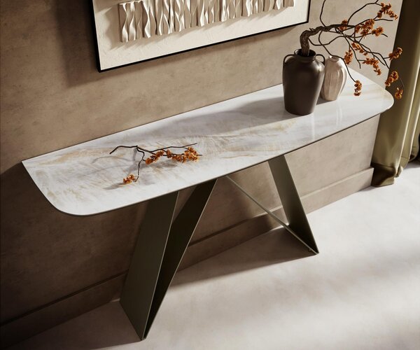 DELIFE Konzolasztal Edge hajóformájú 140x40 cm kerámia onyx pearl Velio fém titán színű effekt finish