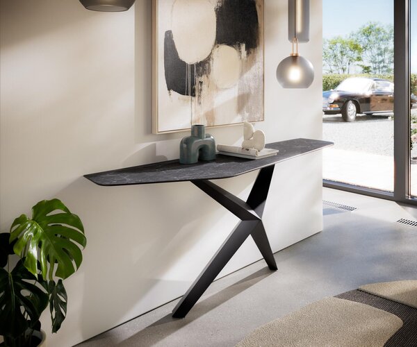 DELIFE Konzolasztal Edge poligonális 180x50 cm Laminam® kerámia Nero Greco antracit Zentharo fém fekete