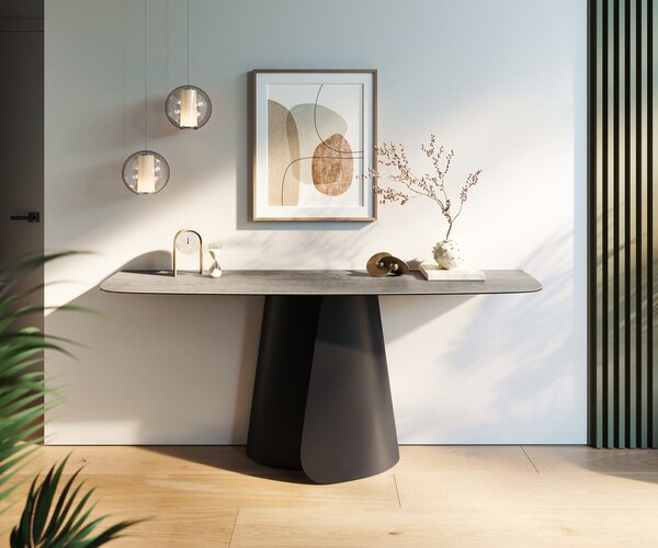 DELIFE Konzolasztal Edge hajóformájú 180x40 cm kerámia beton szürke Livos fém fekete