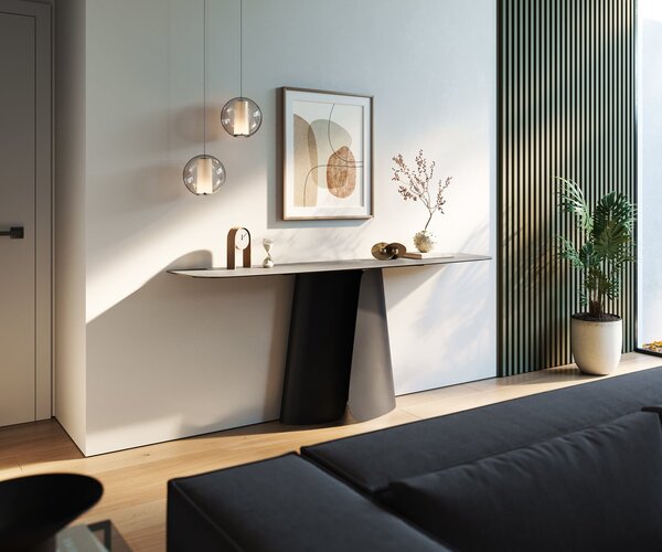 DELIFE Konzolasztal Edge hajóformájú 180x40 cm kerámia beton szürke Livos fém fekete
