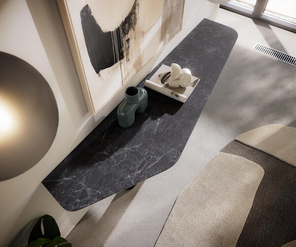 DELIFE Konzolasztal Edge poligonális 180x50 cm Laminam® kerámia Nero Greco antracit Zentharo fém fekete