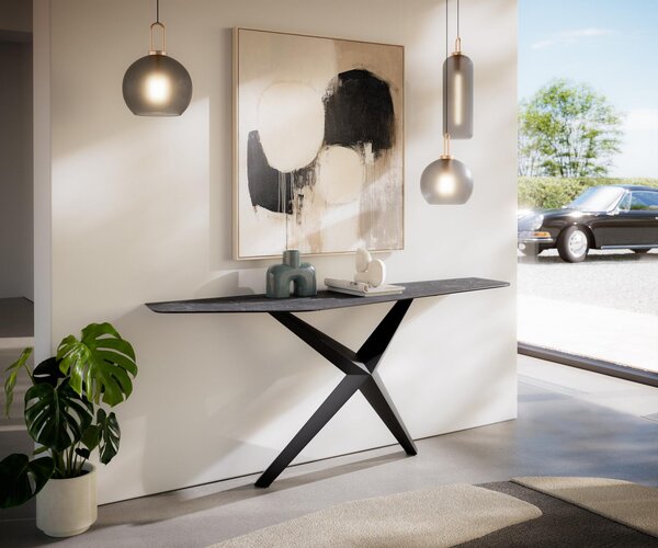 DELIFE Konzolasztal Edge poligonális 180x50 cm Laminam® kerámia Nero Greco antracit Zentharo fém fekete