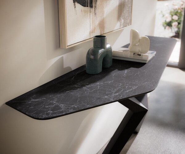 DELIFE Konzolasztal Edge poligonális 180x50 cm Laminam® kerámia Nero Greco antracit Zentharo fém fekete