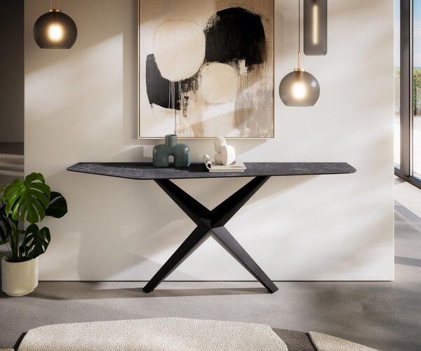 DELIFE Konzolasztal Edge poligonális 180x50 cm Laminam® kerámia Nero Greco antracit Zentharo fém fekete