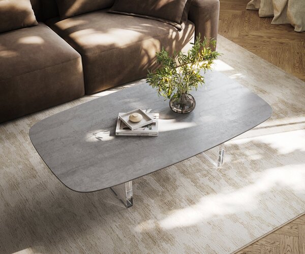 DELIFE Dohányzóasztal Edge hajóformájú 140x80 cm kerámia beton szürke Lumia akril