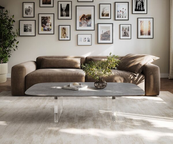 DELIFE Dohányzóasztal Edge hajóformájú 140x80 cm kerámia beton szürke Lumia akril