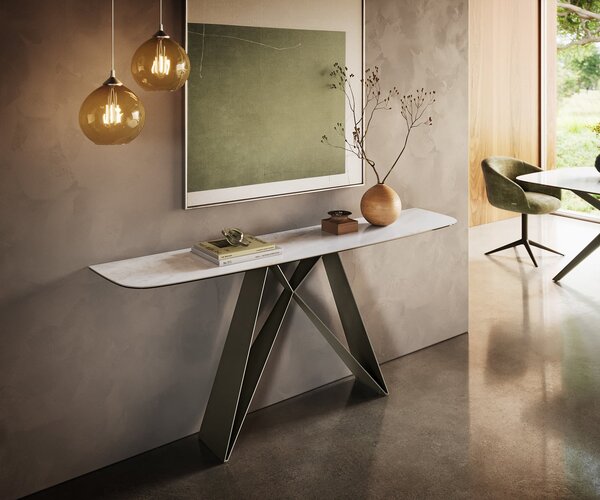 DELIFE Konzolasztal Edge hajóformájú 180x40 cm kerámia onyx gyöngyház Velio fém titán színű effektfinish