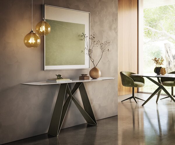 DELIFE Konzolasztal Edge hajóformájú 180x40 cm kerámia onyx gyöngyház Velio fém titán színű effektfinish