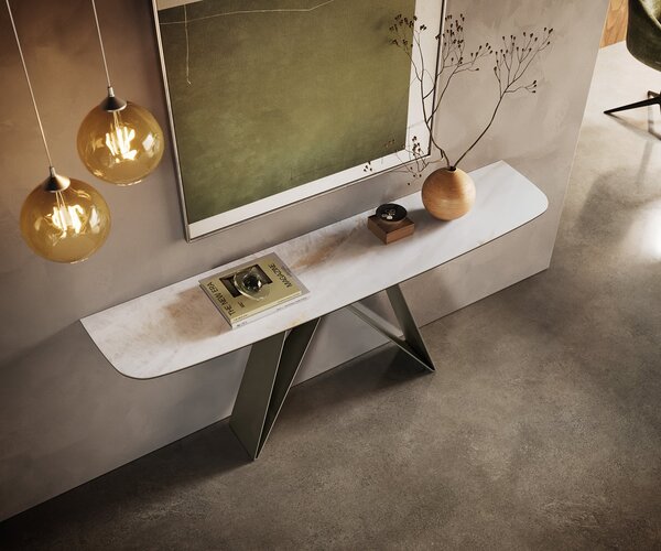 DELIFE Konzolasztal Edge hajóformájú 180x40 cm kerámia onyx gyöngyház Velio fém titán színű effektfinish