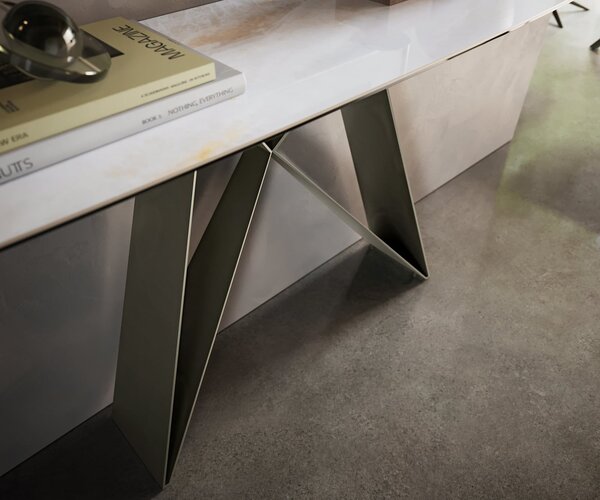 DELIFE Konzolasztal Edge hajóformájú 180x40 cm kerámia onyx gyöngyház Velio fém titán színű effektfinish