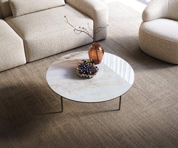 DELIFE Dohányzóasztal Edge kerek 90x90 cm kerámia onyx gyöngyház Trive fém titán színű effekt finish