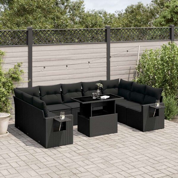 VidaXL 10 részes fekete polyrattan kerti ülőgarnitúra párnákkal