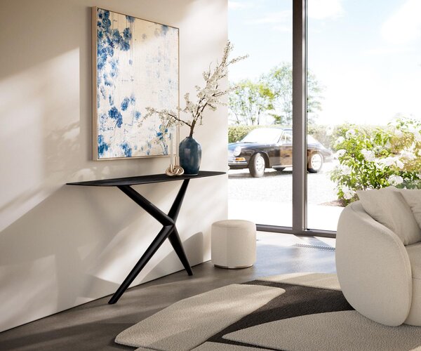 DELIFE Konzolasztal Edge hajóformájú 140x40 cm Laminam® kerámia Nero Greco antracit Estelo fém fekete