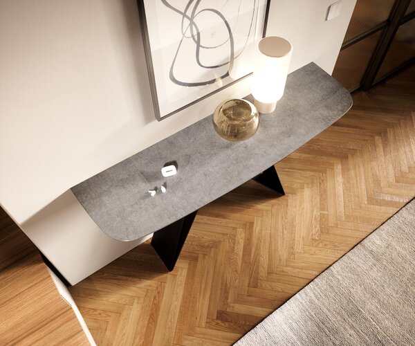 DELIFE Konzolasztal Edge hajóformájú 140x40 cm kerámia beton szürke Velio fém fekete