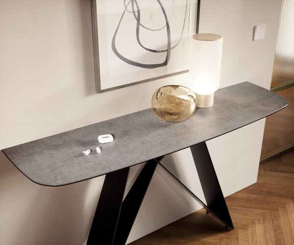 DELIFE Konzolasztal Edge hajóformájú 140x40 cm kerámia beton szürke Velio fém fekete
