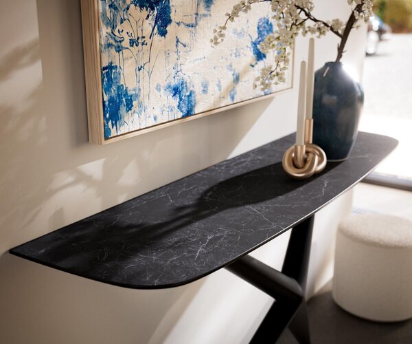 DELIFE Konzolasztal Edge hajóformájú 140x40 cm Laminam® kerámia Nero Greco antracit Estelo fém fekete