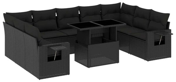 VidaXL 10 részes fekete polyrattan kerti ülőgarnitúra párnákkal