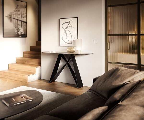 DELIFE Konzolasztal Edge hajóformájú 140x40 cm kerámia beton szürke Velio fém fekete