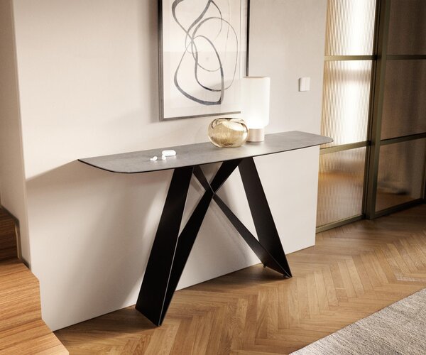 DELIFE Konzolasztal Edge hajóformájú 140x40 cm kerámia beton szürke Velio fém fekete