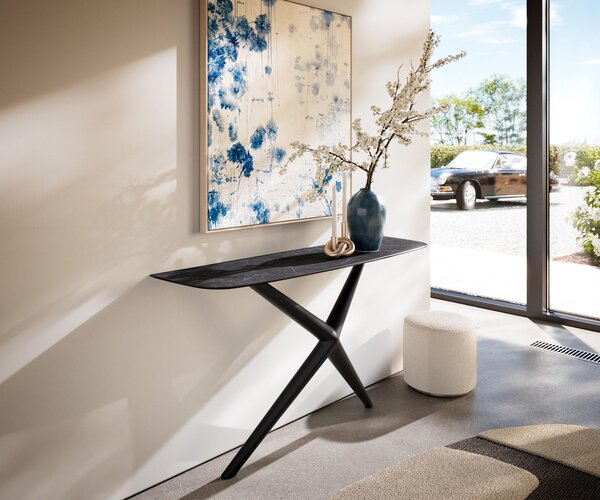 DELIFE Konzolasztal Edge hajóformájú 140x40 cm Laminam® kerámia Nero Greco antracit Estelo fém fekete