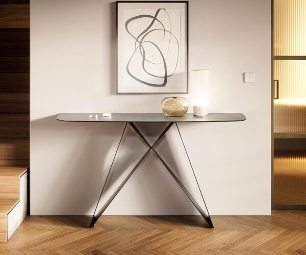 DELIFE Konzolasztal Edge hajóformájú 140x40 cm kerámia beton szürke Velio fém fekete