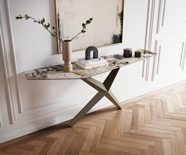 DELIFE Konzolasztal Edge polygonális 180x50 cm kerámia patagónia polírozott Zentharo fém titán színű effekt finish