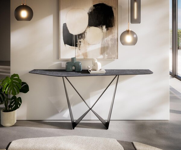DELIFE Konzolasztal Edge poligonális 180x50 cm Laminam® kerámia Nero Greco antracit Spios fém fekete