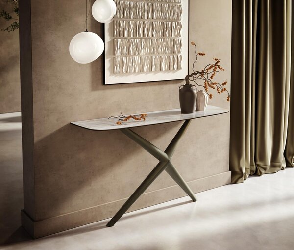 DELIFE Konzolasztal Edge hajóformájú 140x40 cm kerámia onyx pearl Estelo fém titán színű effekt finish