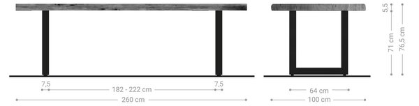 DELIFE Étkezőasztal Edge 260x100 XL akác platina rozsdamentes acél széles Live-Edge
