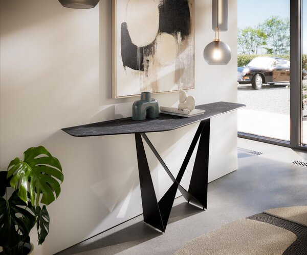 DELIFE Konzolasztal Edge poligonális 180x50 cm Laminam® kerámia Nero Greco antracit Spios fém fekete