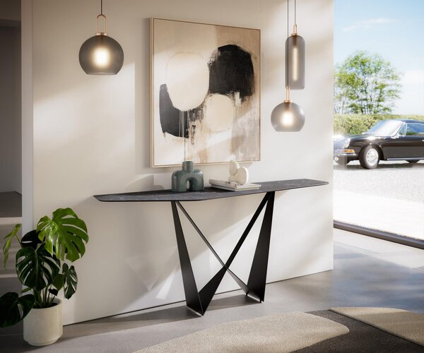 DELIFE Konzolasztal Edge poligonális 180x50 cm Laminam® kerámia Nero Greco antracit Spios fém fekete