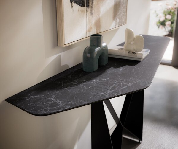 DELIFE Konzolasztal Edge poligonális 180x50 cm Laminam® kerámia Nero Greco antracit Spios fém fekete